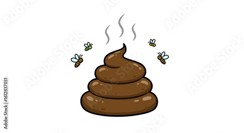 Cartoon Poop Pile with Flies and Steam Isolated on White Background Humorous and Playful