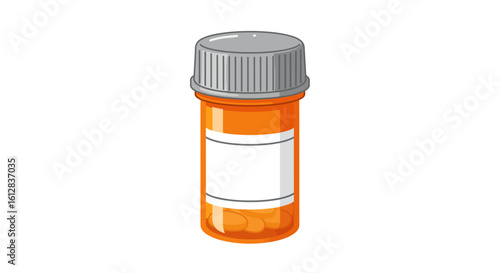 Illustration of an Orange Pill Bottle with Pills and a Blank Label on a White Background
