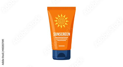 Orange Sunscreen Tube with Sun Icon and Blue Cap for Summer Protection from UV Rays