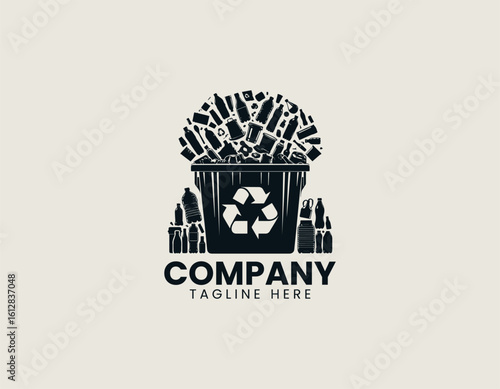 Overflowing black recycling bin filled with various plastic bottles and containers. Environmental concept