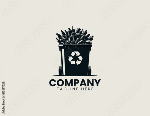 Overflowing black recycling bin filled with various plastic bottles and containers. Environmental concept