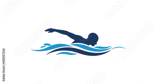 Silhouette of a Swimmer in Freestyle Stroke with Blue Water Waves Illustration