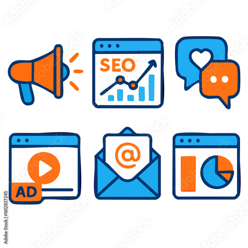 A set of colorful outline icons for digital marketing, SEO, and online advertising- megaphone, SEO graph, social media chat.