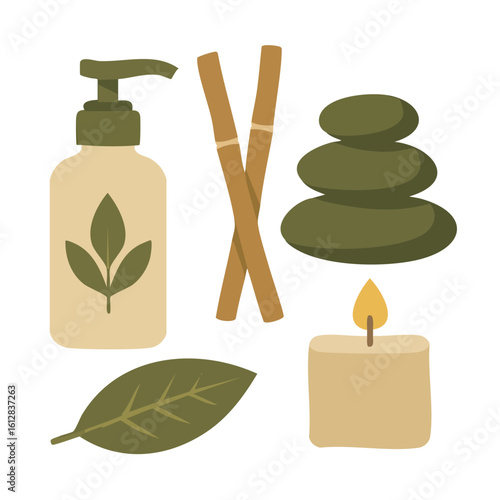 Flat minimalist vector set, beauty massage- body oil bottle, bamboo sticks, massage stones