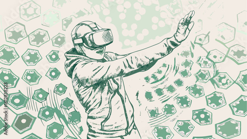 Person wearing vr headset with hand extended surrounded by geometric shapes in a sketch style illustration