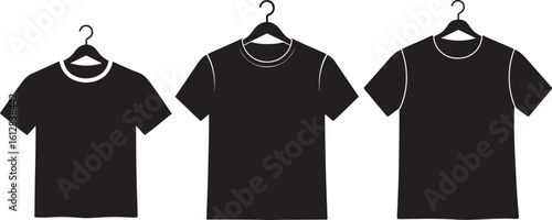 Three black t shirts hanging on hangers silhouette