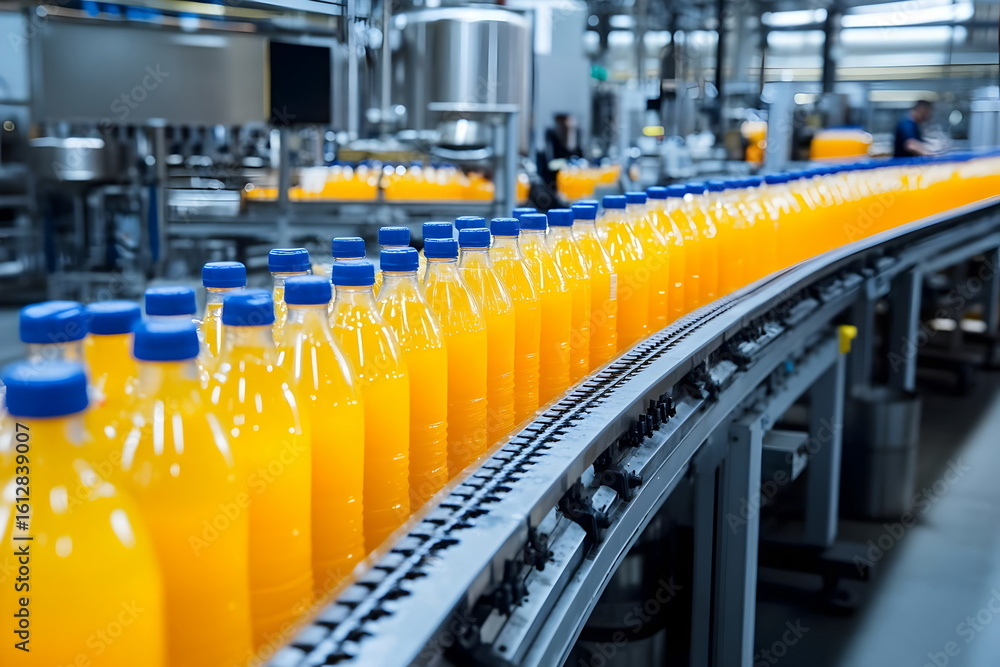 Fototapeta premium Bottled Orange Juice Production Line Automation Quality Control Efficiency