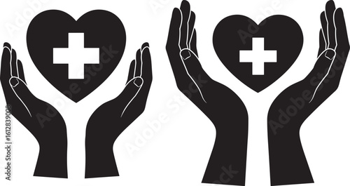 Two hands holding hearts with medical cross silhouette