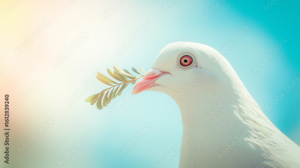 Obraz premium A white dove holding an olive branch, softly lit by golden sunlight, representing hope and harmony.