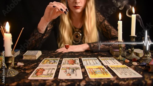 Woman performing tarot card reading at night