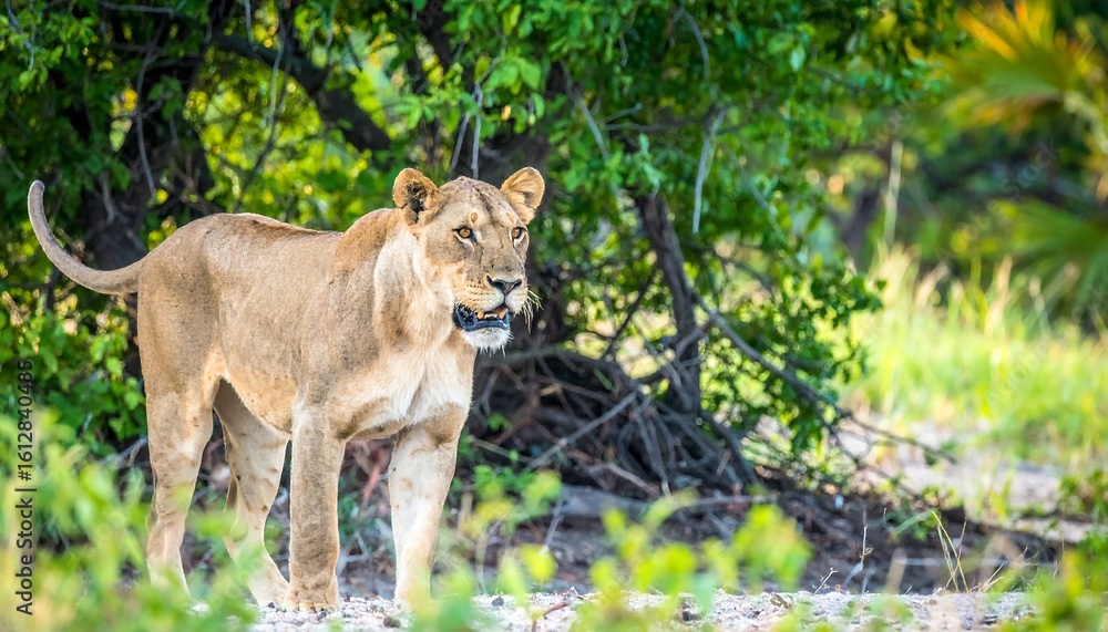 Fototapeta premium Lioness in a lush African landscape (1)