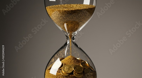Hourglass with Gold Sand and Coins Time is Money Concept.