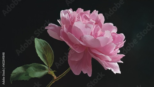 Softly lit pink flower. The flower, in full bloom, is against a dark background. It has multiple layers of petals. Two leaves are visible on a green stem