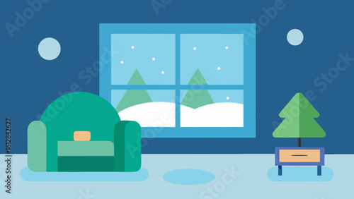 peaceful living room snow outside serene winter holiday