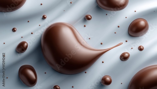 Glossy chocolate blobs varying in sizes float against a light gray rippled background. The largest blob has a teardrop shape and a thin tail. The shapes are arranged artfully