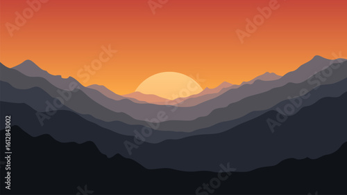Layered Mountain Landscape with Sunset or Sunrise Flat Design Background, Vibrant sunset over layered mountain peaks