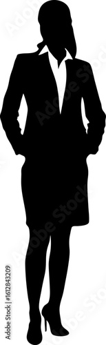 Confident Businesswoman Silhouette Hands in Pockets Wearing Suit and Heels