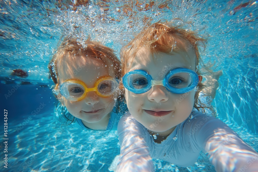 Naklejka premium Two little kids enjoy swimming underwater in a clear pool with bright blue water while wearing colorful goggles and smiling happily
