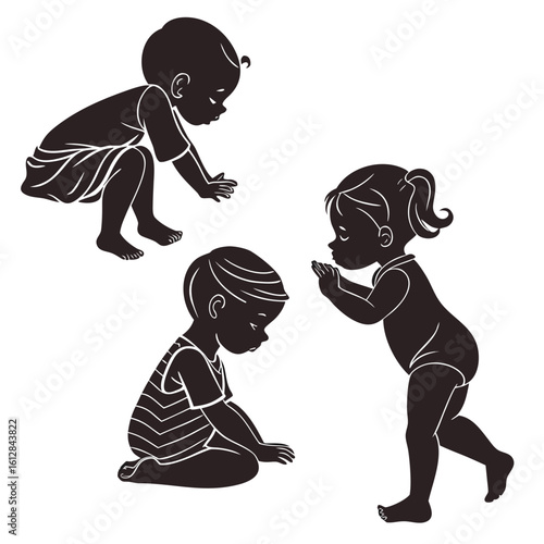 Three silhouette babies playing together on a white background baby child