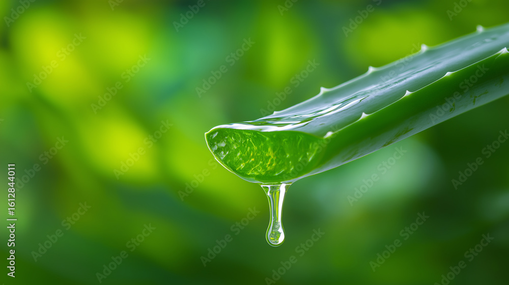 Fototapeta premium A cut aloe vera leaf with a clear drop of gel dripping from it, set against a vibrant green background. 