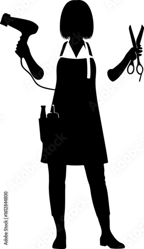 Dynamic Hairstylist with Dryer and Scissors Poised Mid?Action Silhouette