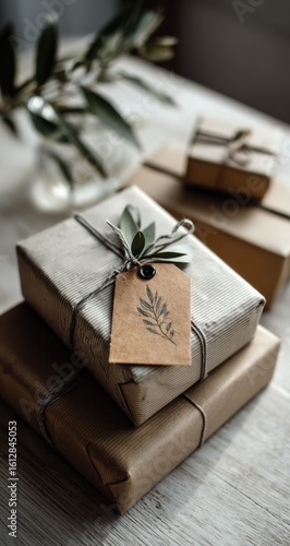 Stack of gifts wrapped in brown paper and twine, decorated with sprigs and tags on a light wood table with an out-of-focus vase and greenery in the background