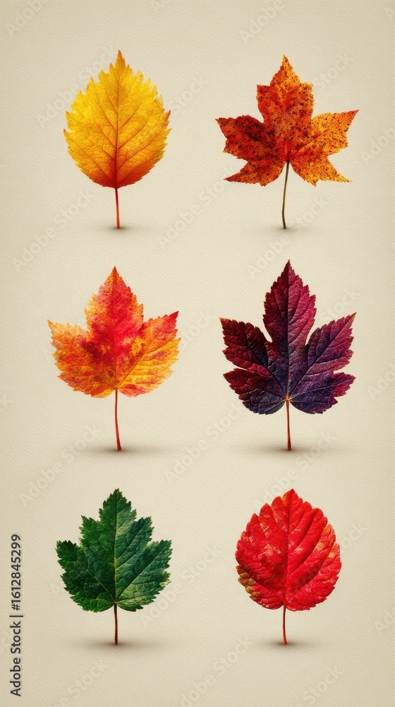 Obraz premium Colorful autumn leaves showcasing vibrant shades of red, orange, yellow, and green against a neutral background in fall