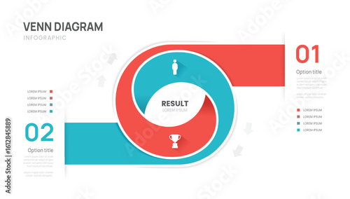 Venn diagram business infographic circle chart template 2 options, presentation with venn diagram elements vector illustration.
