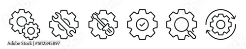 Gear thin line icon set. Cogwheel, setting, mechanism minimal editable stroke icons