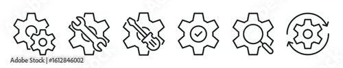 Gear thin line icon set. Cogwheel, setting, mechanism minimal editable stroke icons