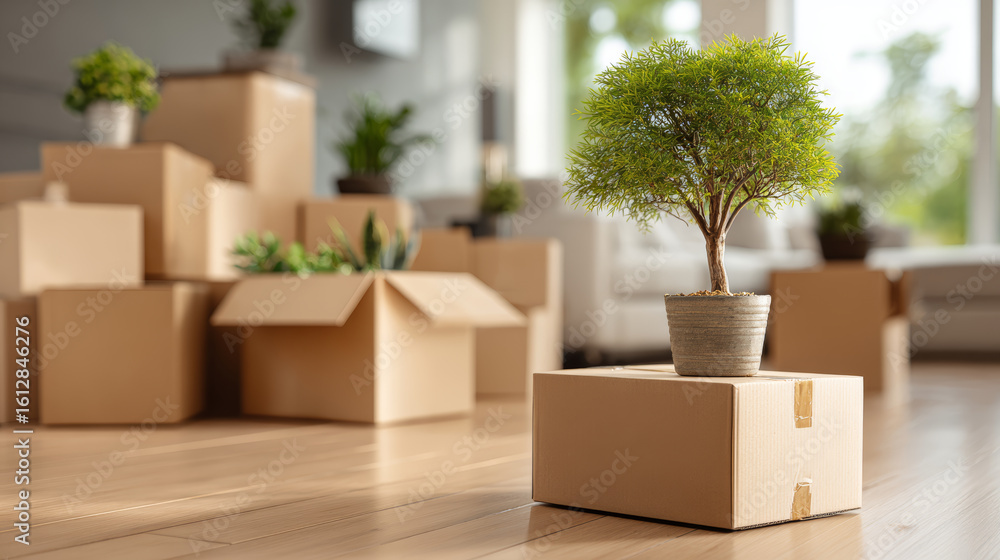 Potted plant on cardboard box with stacked moving boxes in bright living room showing relocation and fresh start concept Potted plant on cardboard box with stacked moving boxes in bright living room showing relocation and fresh start concept