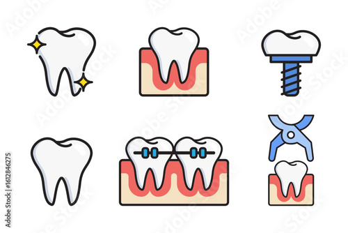 vector illustration of Dental Icons Representing Oral Health, Hygiene, and Dental Procedures.