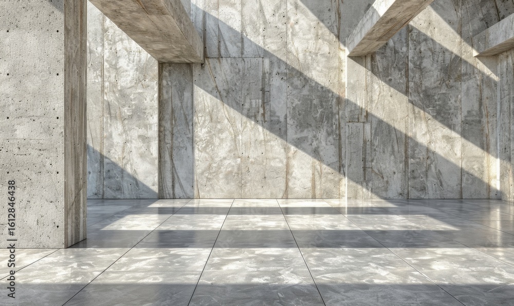 Fototapeta premium Brutalist concrete interior with sunlight and shadows architecture design