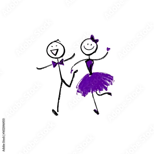 Two joyful stick figures a boy and a girl dancing together with smiles and a purple tutu