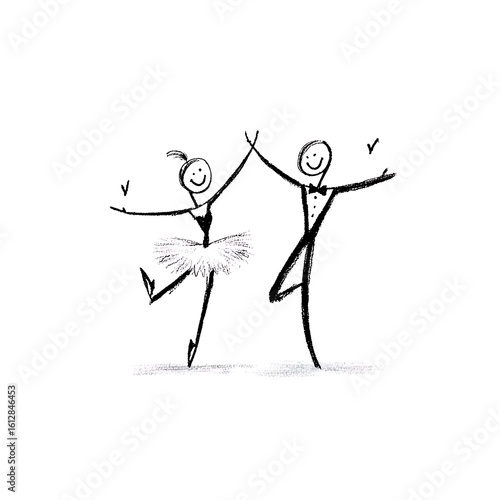 Joyful stick figure couple dancing ballet together with a tutu and elegant poses celebrating their passion