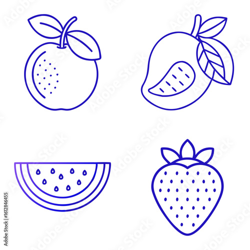Set of fruit icons in blue outline on a transparent background  