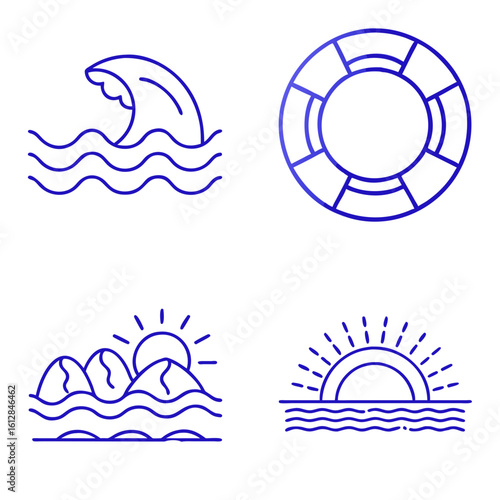 Blue outline icons of ocean wave, lifebuoy, mountains, and sunset, transparent background  