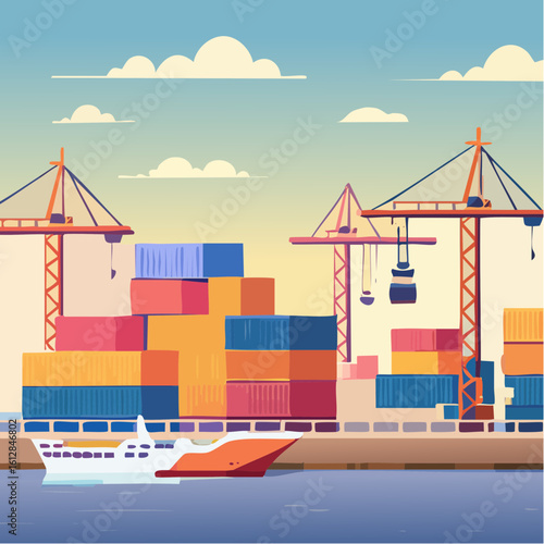busy seaport terminal with cranes loading cargo