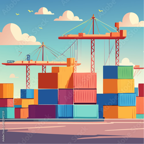 busy seaport terminal with cranes loading cargo