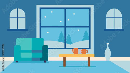 peaceful living room snow outside serene winter holiday