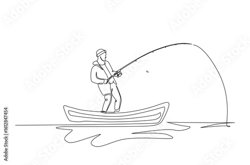Fisherman fishing in the boat in continuous one line drawing. Single line art illustration of fisherman.