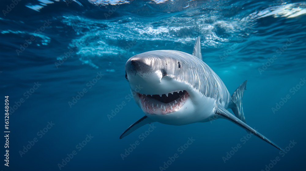 Fototapeta premium Great white shark swimming close to the surface with its mouth open in clear blue ocean water. 