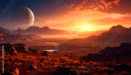 A vibrant sunset over a vast, alien landscape, featuring a large moon and winding river