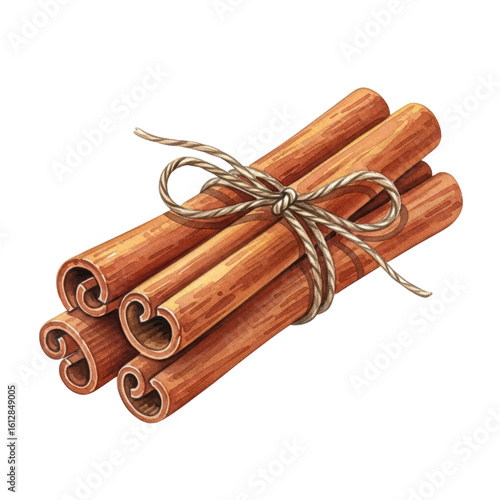 A watercolor illustration of a bundle of fragrant cinnamon sticks tied with twine, commonly used in culinary applications and holiday decor.
