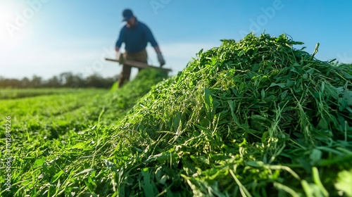Farmer harvesting fresh green fodder animal feed sustainable way set lush green field under clear blue sky action captured fine detail highlighting farmer care environmental consciousness High