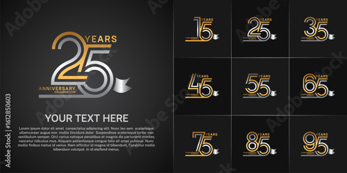 Anniversary logo style double line number set with ribbon. gold and silver color on black background for celebration event