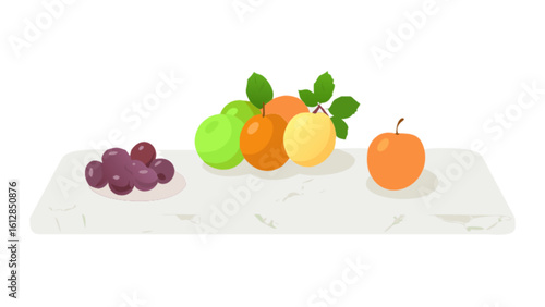 Fresh fruit still life drawing featuring grapes apples oranges and pears on a white marble surface