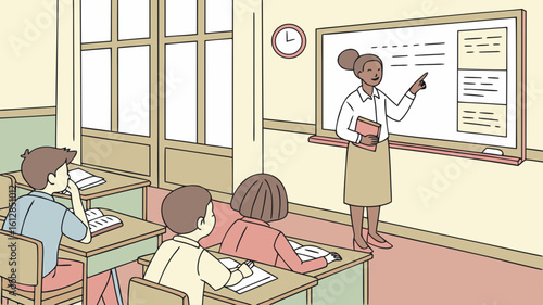 Vector of a teacher explaining on a board while students sit and study.

