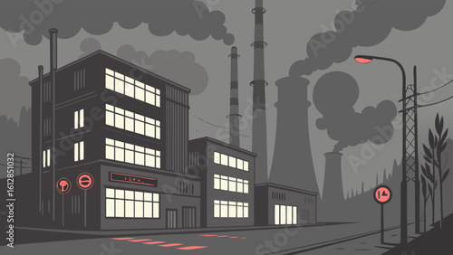 Illustration of industrial pollution factory with smoke stacks and smog in a dark and gloomy scene
