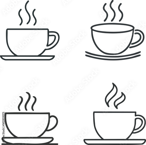 Four Minimalist Line Art Coffee Cup Icons with Steam on White Background saucer
